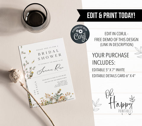 editable summer garden bridal shower invitation, printable floral bridal shower invitation, summer garden bridal theme