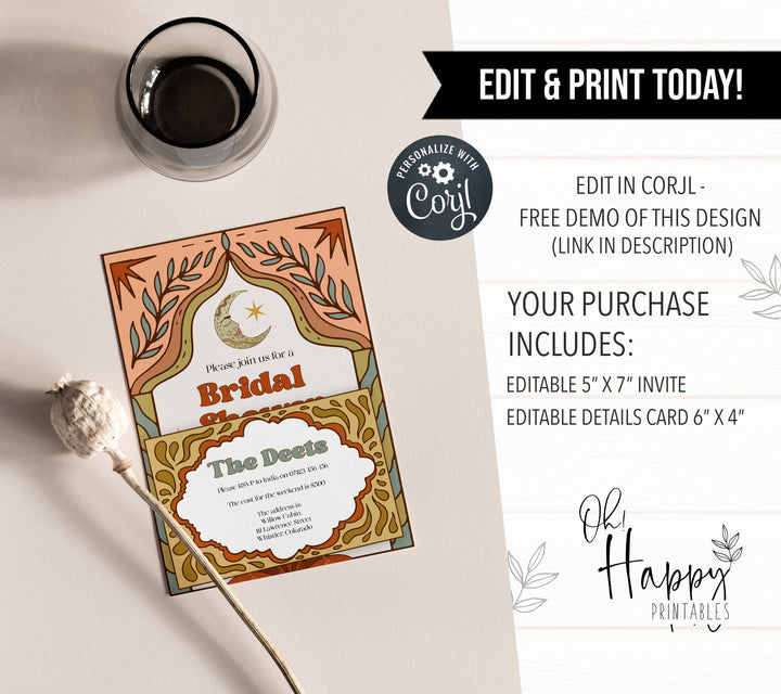 60s Gypsy Boho-inspired editable bridal shower invitation is the perfect way to add a touch of free-spirited charm to your special day