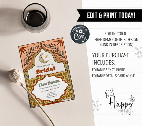 60s Gypsy Boho-inspired editable bridal shower invitation is the perfect way to add a touch of free-spirited charm to your special day