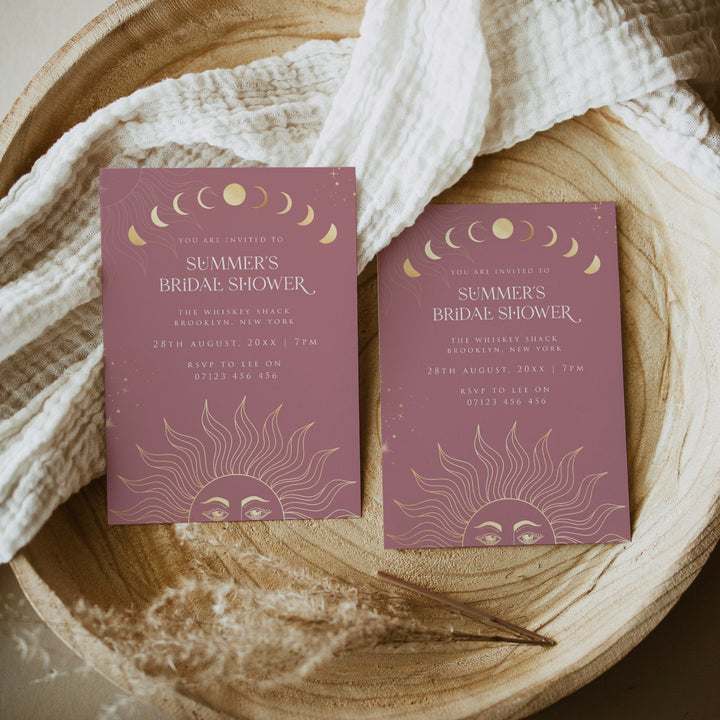 Fully editable and printable bridal shower invitation with a celestial design. Perfect for a celestial bridal shower themed party