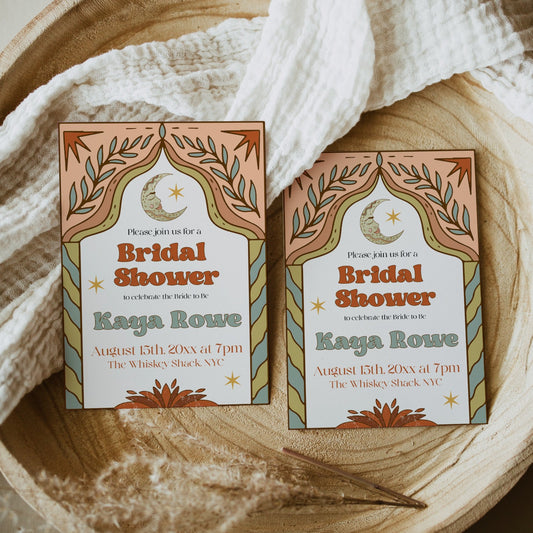 60s Gypsy Boho-inspired editable bridal shower invitation is the perfect way to add a touch of free-spirited charm to your special day