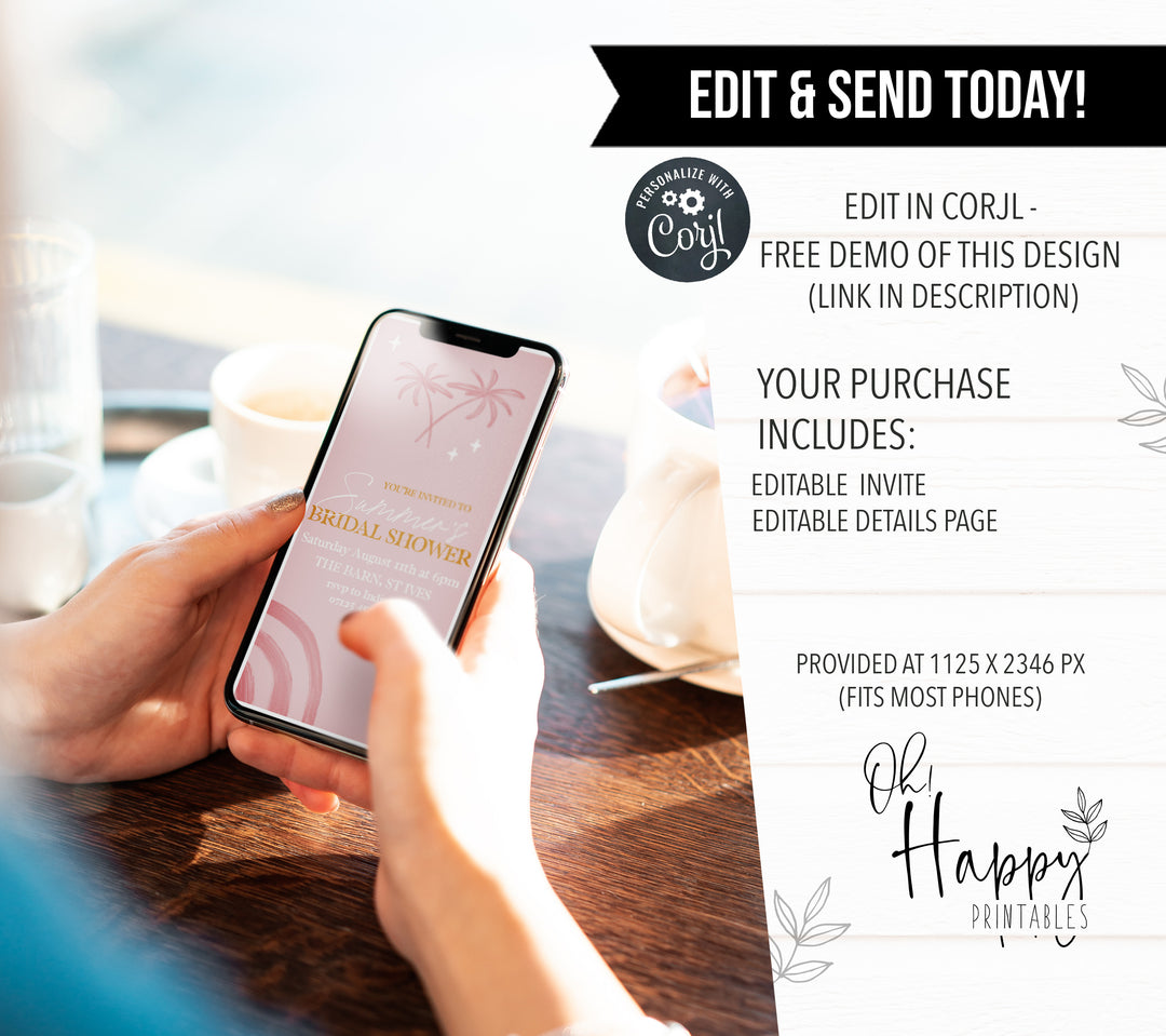 Fully editable and printable bridal shower invitation suite with a Palm Springs design. Perfect for a Palm Springs bridal shower themed party