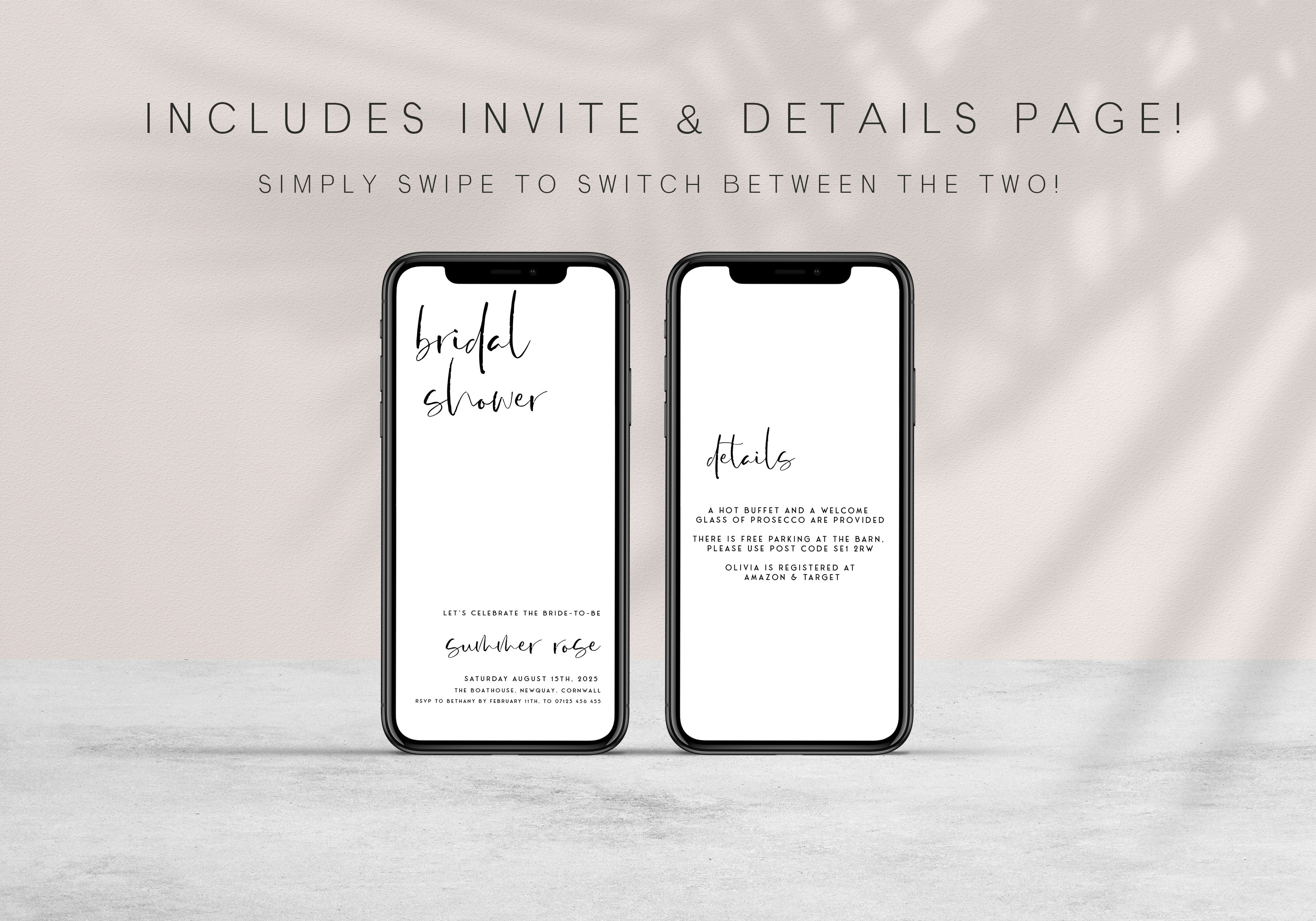 Fully editable and printable bridal shower mobile invitation with a modern minimalist design. Perfect for a modern simple bridal shower themed party