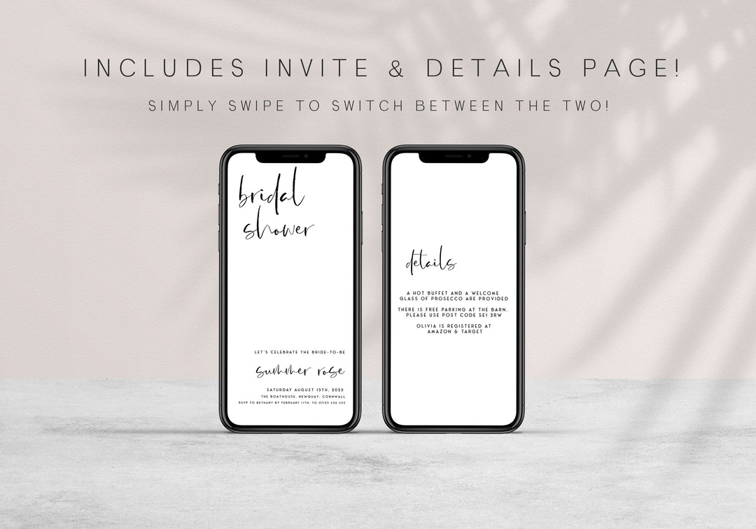 Fully editable and printable bridal shower mobile invitation with a modern minimalist design. Perfect for a modern simple bridal shower themed party