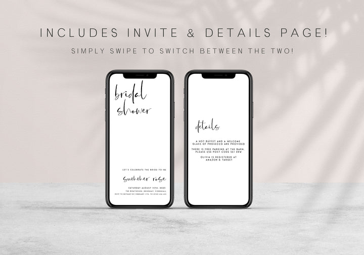 Fully editable and printable bridal shower mobile invitation with a modern minimalist design. Perfect for a modern simple bridal shower themed party