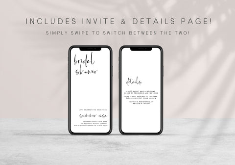 Fully editable and printable bridal shower mobile invitation with a modern minimalist design. Perfect for a modern simple bridal shower themed party