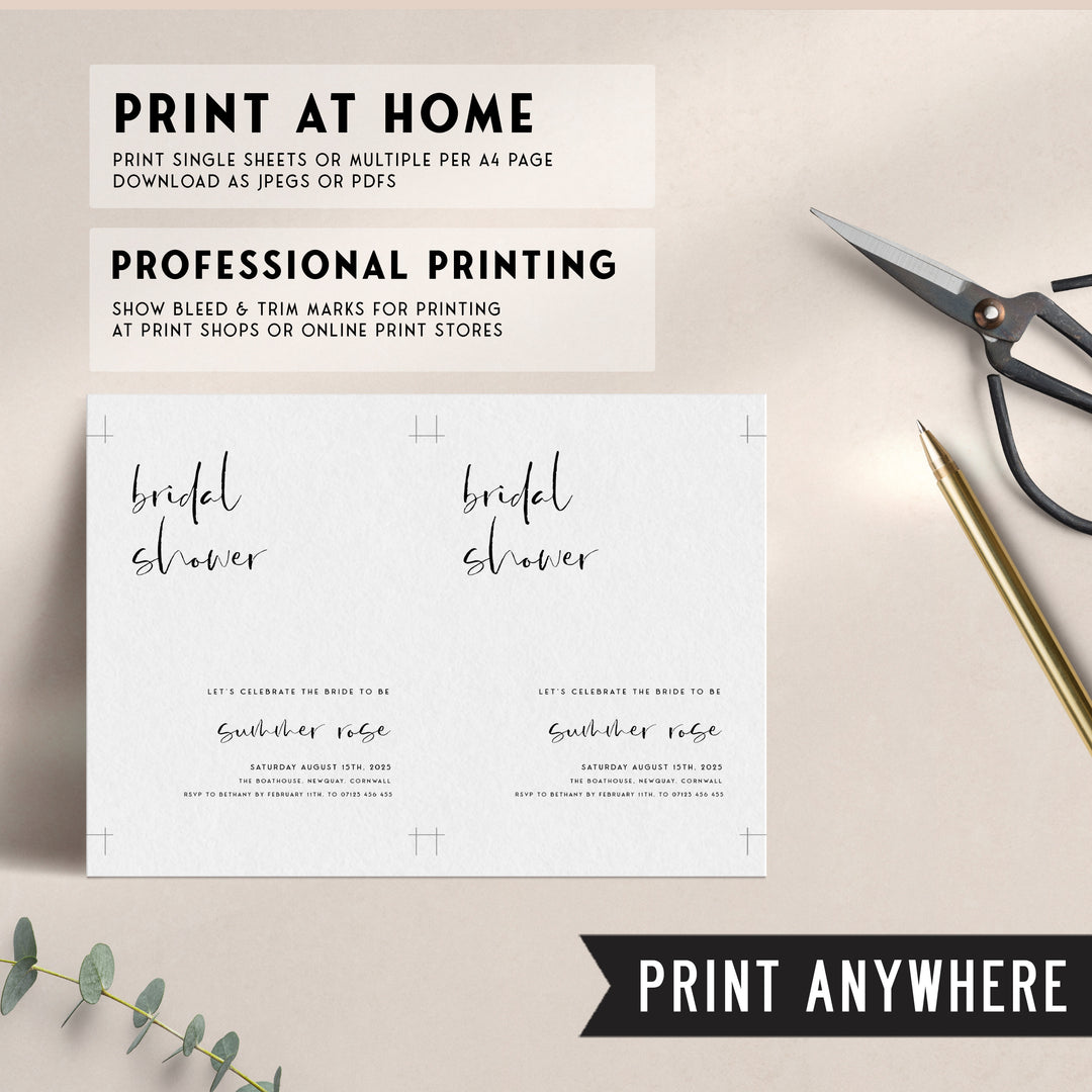 Fully editable and printable bridal shower invitation with a modern minimalist design. Perfect for a modern simple bridal shower themed party