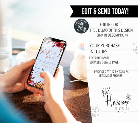 Fully editable mobile bridal shower invitation with a Fall design. Perfect for a fall floral bridal shower