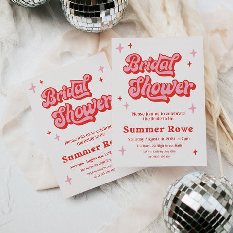 editable 70s style bridal shower invitation. Fully editable bridal shower invitation to be printed at home or printed with a print shop