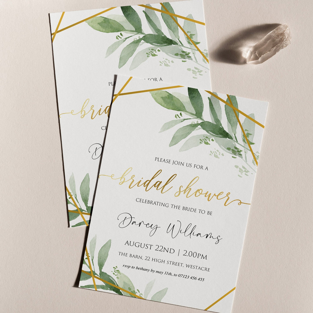 editable bridal shower invitations, printable bachelorette invitations, gold greenery bridal shower invites, greenery bridal shower ideas