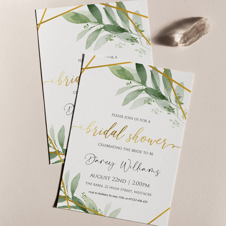 editable bridal shower invitations, printable bachelorette invitations, gold greenery bridal shower invites, greenery bridal shower ideas