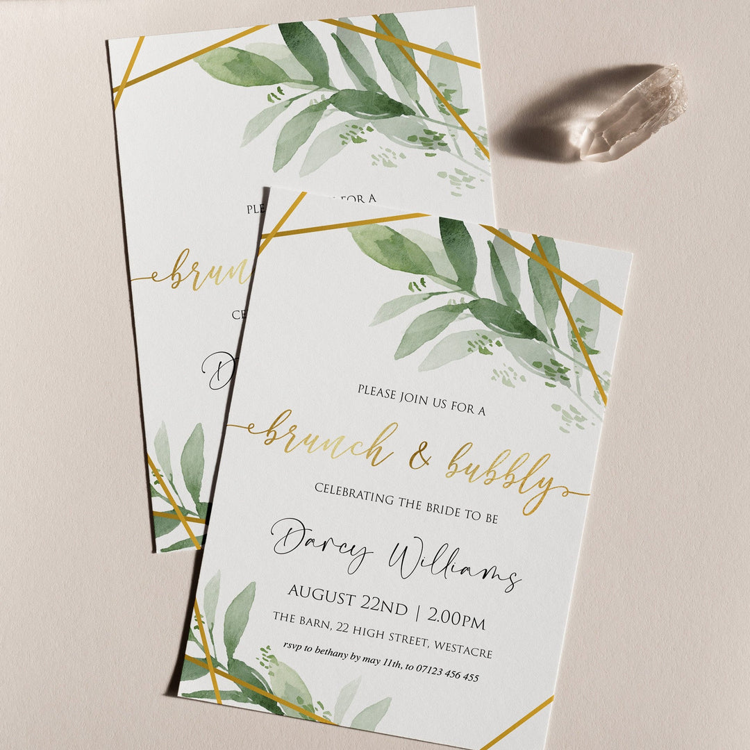 brunch and bubbly invitations, editable bridal shower invitations, printable bachelorette invitations, gold greenery bridal shower invites, greenery bridal shower ideas
