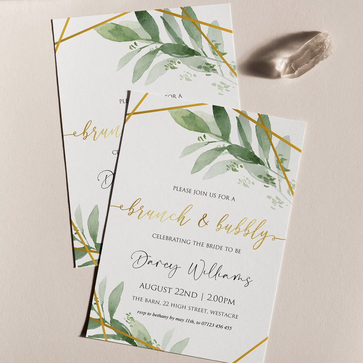 brunch and bubbly invitations, editable bridal shower invitations, printable bachelorette invitations, gold greenery bridal shower invites, greenery bridal shower ideas