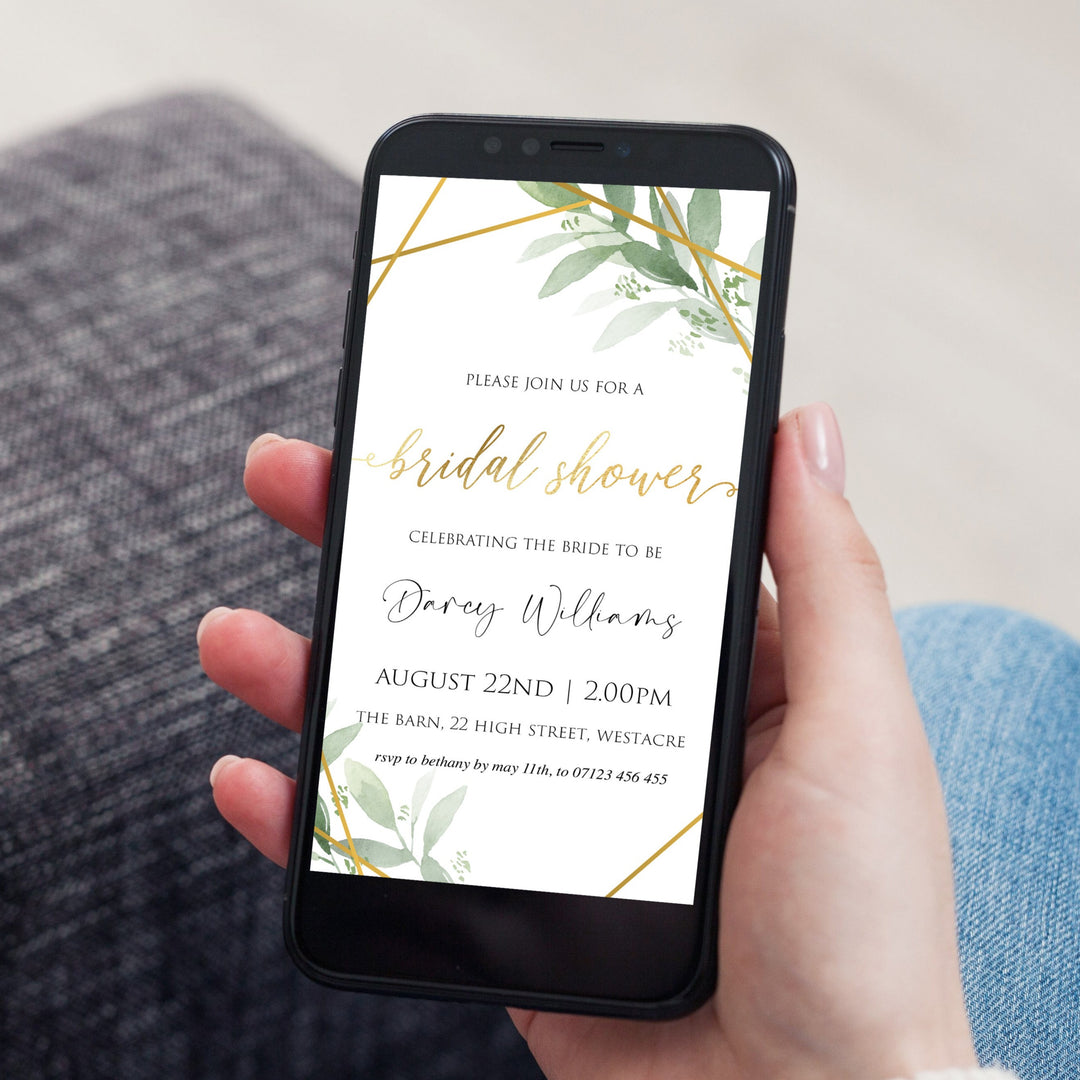 Bridal shower mobile invitation, editable bridal shower invitations, printable bachelorette invitations, gold greenery bridal shower invites, greenery bridal shower ideas