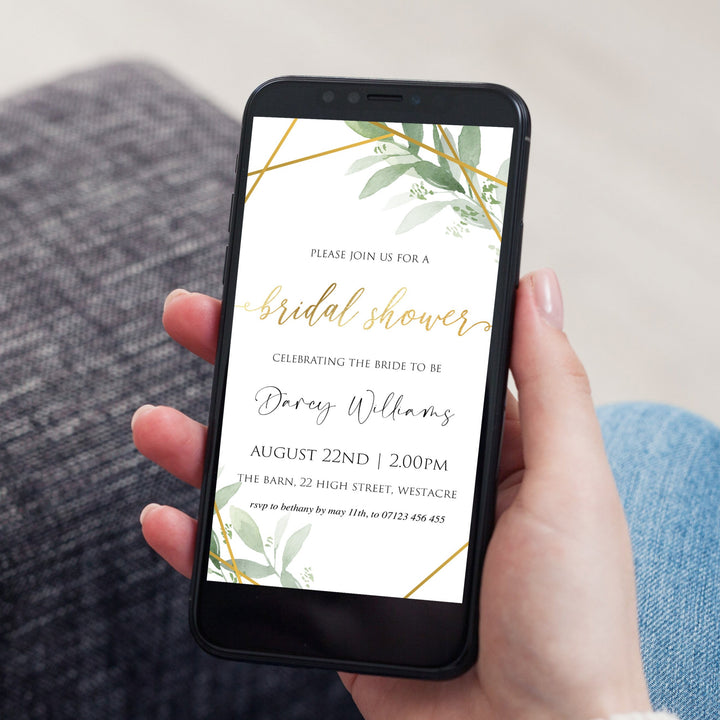Bridal shower mobile invitation, editable bridal shower invitations, printable bachelorette invitations, gold greenery bridal shower invites, greenery bridal shower ideas