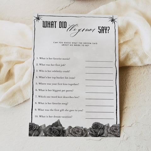 Fully editable and printable bridal shower what did the groom say game with a gothic design. Perfect for a Bride or Die or Death Us To Party bridal shower themed party