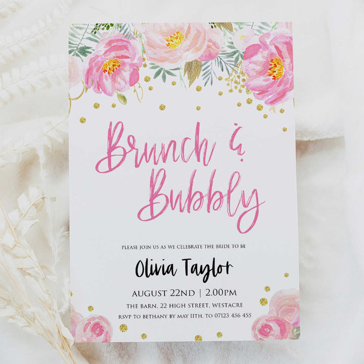 editable brunch and bubbly invite, bridal shower invitation, blush gold bachelorette invitation, editable bridal shower invitations, corjl invite, bachelorette party invite, floral bridal invite