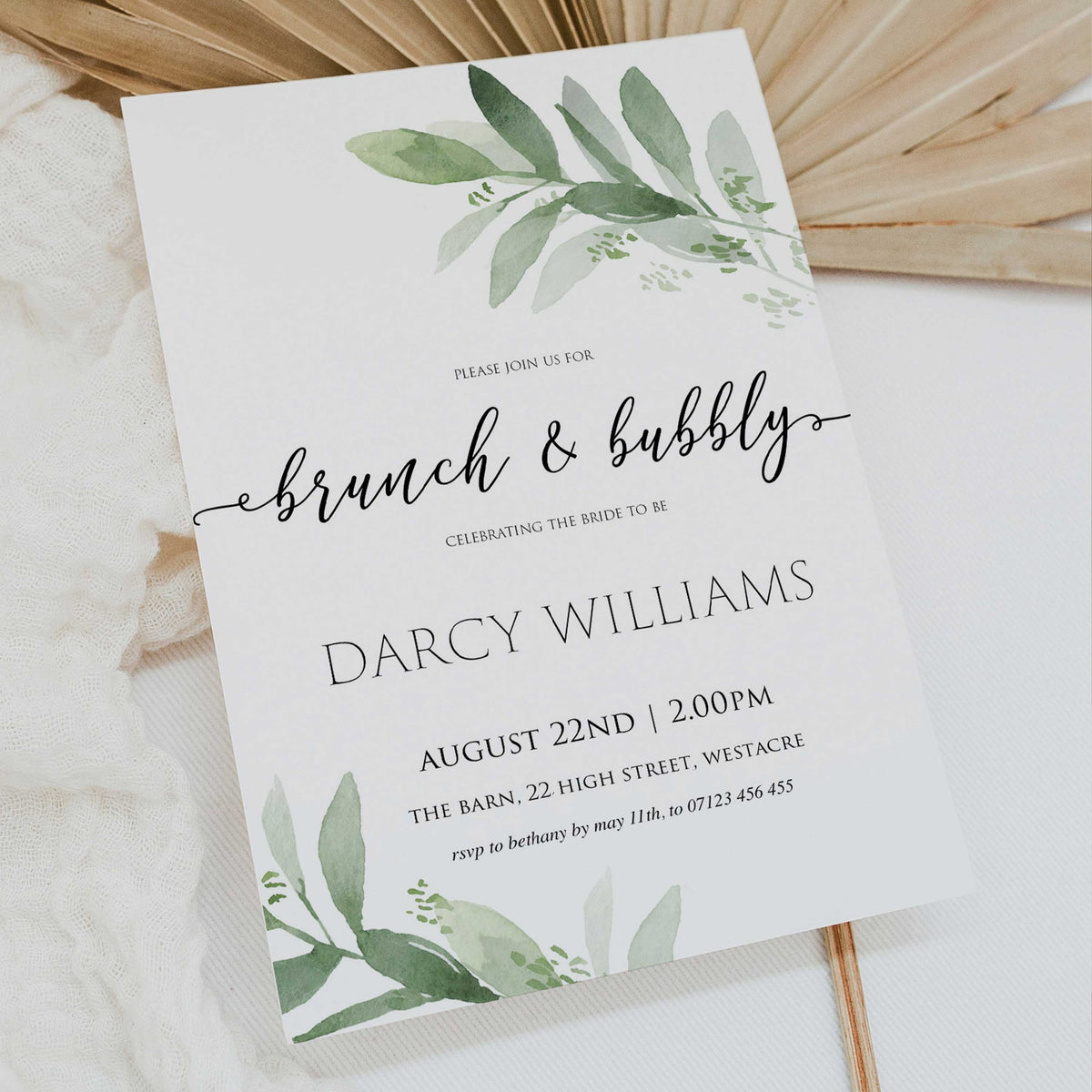 editable brunch and bubbly bridal shower invite, greenery bridal shower invite, mobile invites, editable bridal shower invite, corjl bridal invite, bachelorette party invite