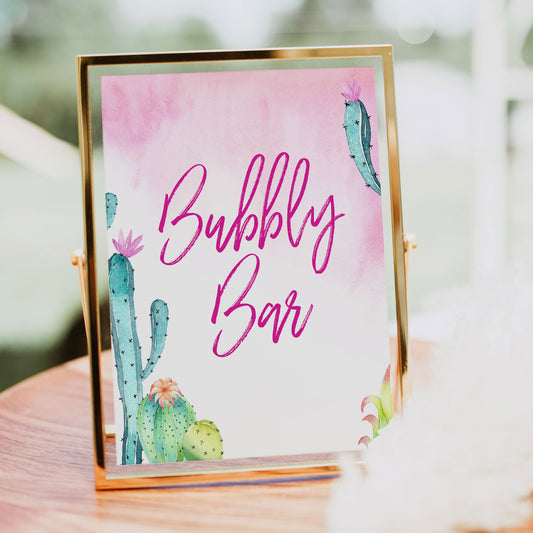 Bridal shower printable table sign for a Bubbly Bar, with a pink fiesta background and watercolour cactus design