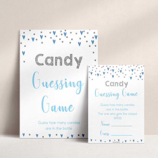 candy guessing game, how many candies game, Printable baby shower games, small blue hearts fun baby games, baby shower games, fun baby shower ideas, top baby shower ideas, silver baby shower, blue hearts baby shower ideas