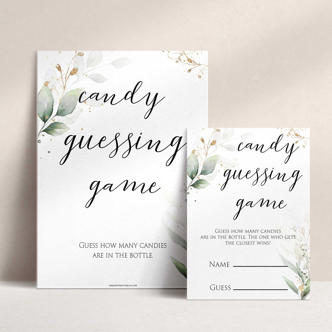 Gold green leaf baby games, candy guessing game, printable baby games, fun baby games, top baby games to play, gold leaf baby shower, greenery baby shower ideas