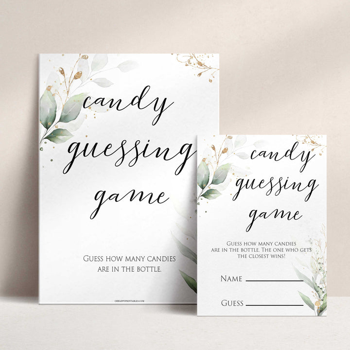 Gold green leaf baby games, candy guessing game, printable baby games, fun baby games, top baby games to play, gold leaf baby shower, greenery baby shower ideas