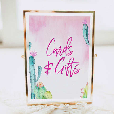 Bridal shower printable table sign for Cards & Gifts, with a pink fiesta background and watercolour cactus design