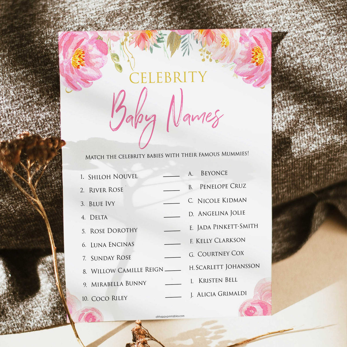 Pink blush floral celebrity baby names game, printable baby games, baby shower games, blush baby shower, floral baby games, girl baby shower ideas, pink baby shower ideas, floral baby games, popular baby games, fun baby games