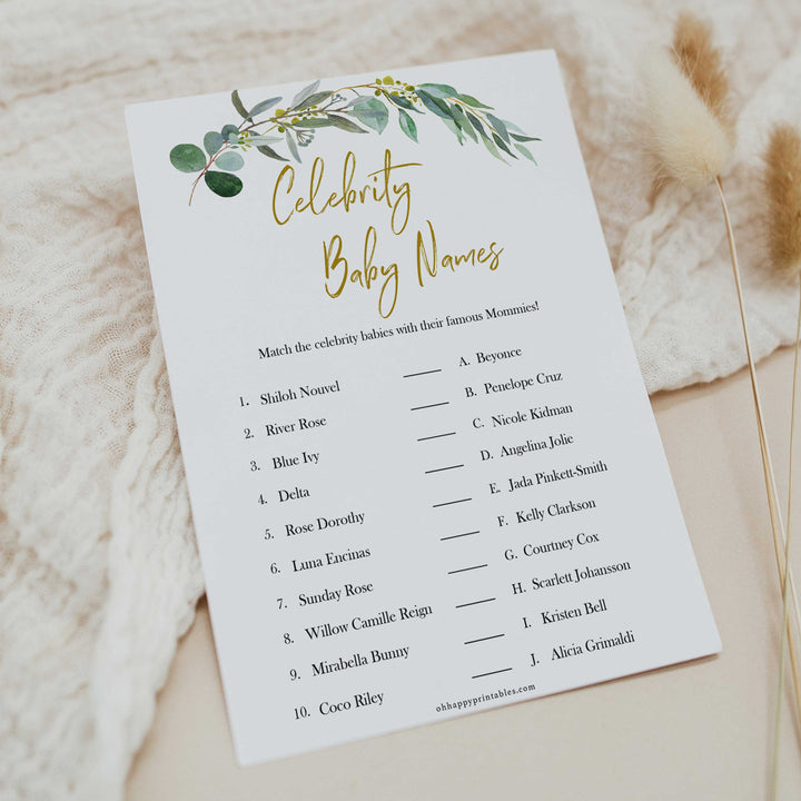 Eucalyptus baby shower games, celebrity baby names baby game, fun baby shower games, printable baby games, baby shower ideas, baby games, baby shower baby shower bundle, baby shower games packs, botanical baby shower