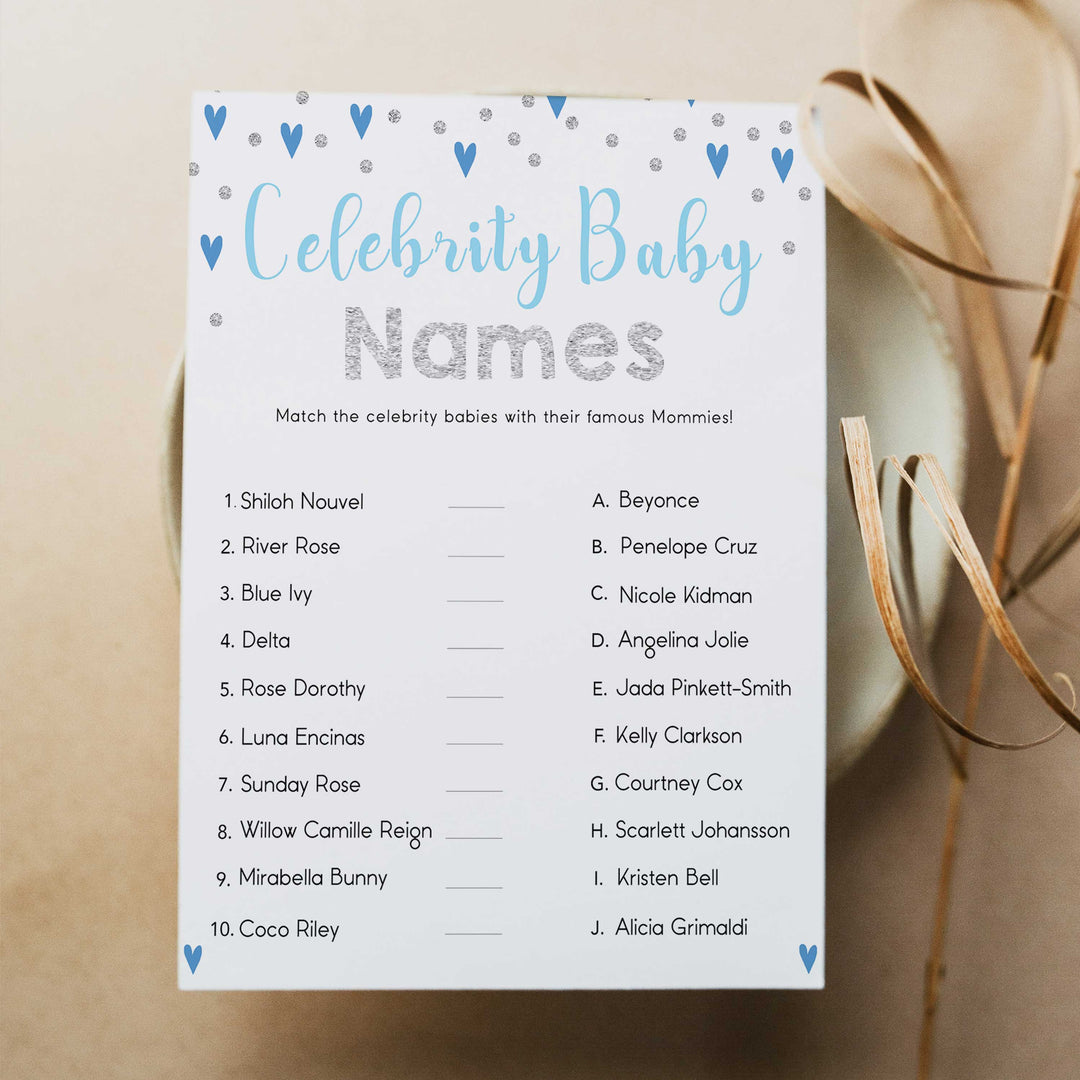 celebrity baby names game, Printable baby shower games, small blue hearts fun baby games, baby shower games, fun baby shower ideas, top baby shower ideas, silver baby shower, blue hearts baby shower ideas