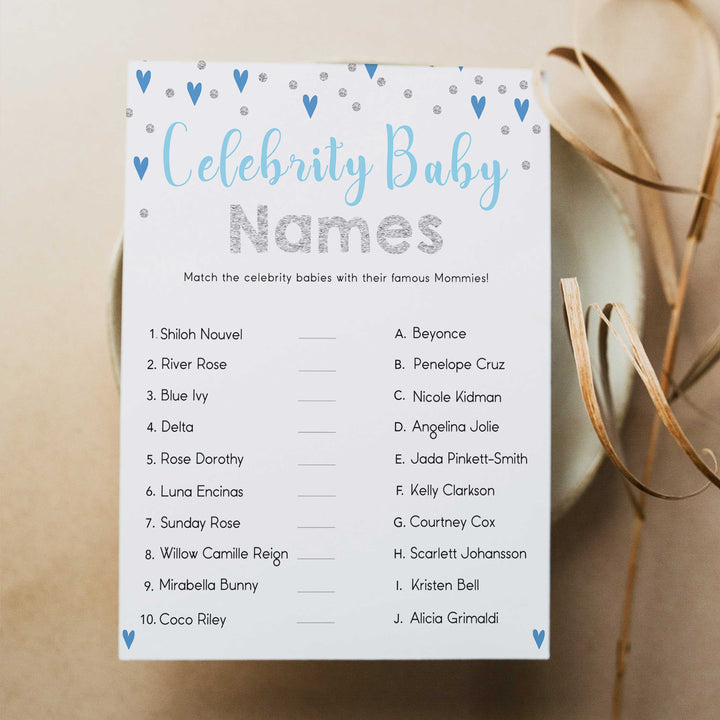 celebrity baby names game, Printable baby shower games, small blue hearts fun baby games, baby shower games, fun baby shower ideas, top baby shower ideas, silver baby shower, blue hearts baby shower ideas