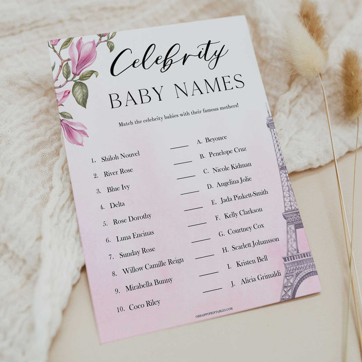 celebrity baby names game,  Paris baby shower games, printable baby shower games, Parisian baby shower games, fun baby shower games