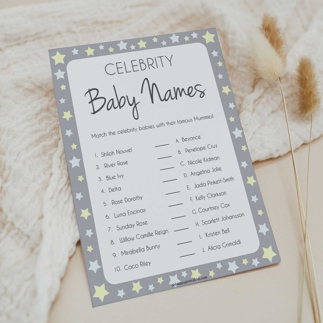 Grey Yellow Stars Celebrity Baby Names, Guess the Celebrity Baby, Famous Babies Game, Celebrity Babies Game, Printable Baby Shower Game, fun baby shower games, popular baby shower games