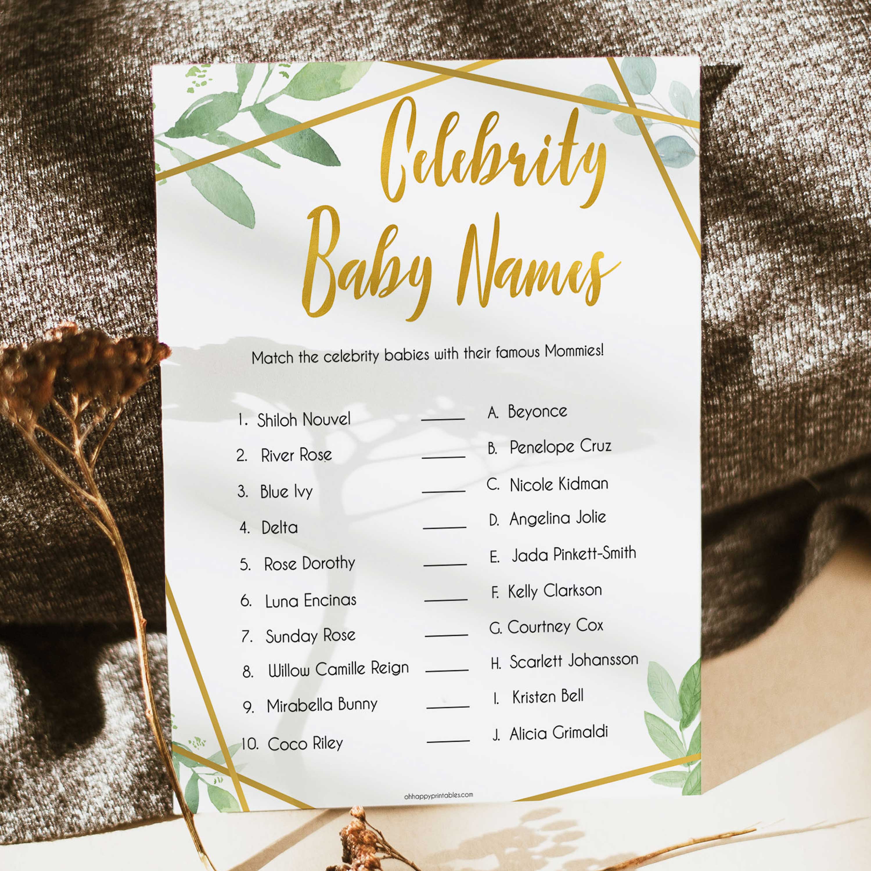 gold geometric celebrity baby names baby shower games, printable baby shower games, fun baby games, popular baby games, gold baby games
