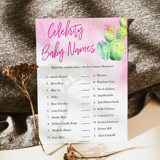Cactus baby shower games, cactus celebrity baby names baby game, printable baby games, Mexican baby shower, Mexican baby games, fiesta baby games, popular baby games, printable baby games