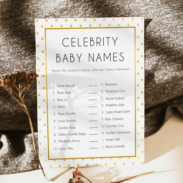celebrity baby names, Printable baby shower games, baby gold dots fun baby games, baby shower games, fun baby shower ideas, top baby shower ideas, gold glitter shower baby shower, friends baby shower ideas