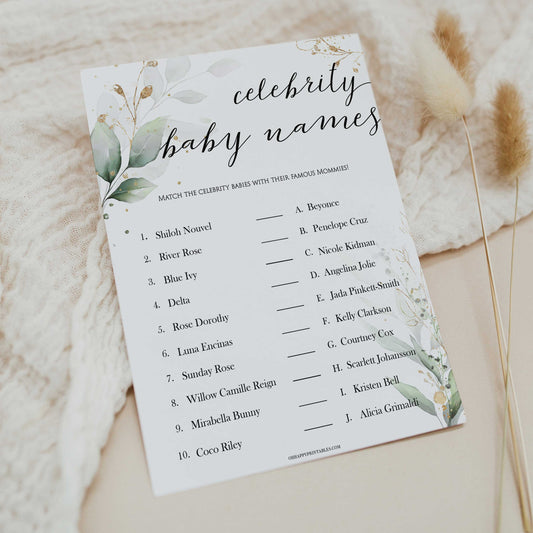 Gold green leaf baby games, celebrity baby names, printable baby games, fun baby games, top baby games to play, gold leaf baby shower, greenery baby shower ideas