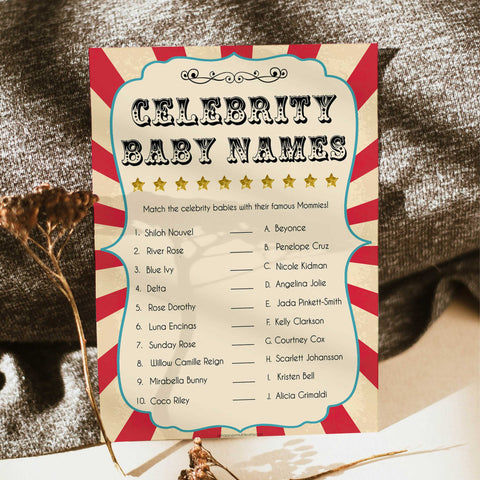 Circus celebrity baby names shower games, circus baby games, carnival baby games, printable baby games, fun baby games, popular baby games, carnival baby shower, carnival theme