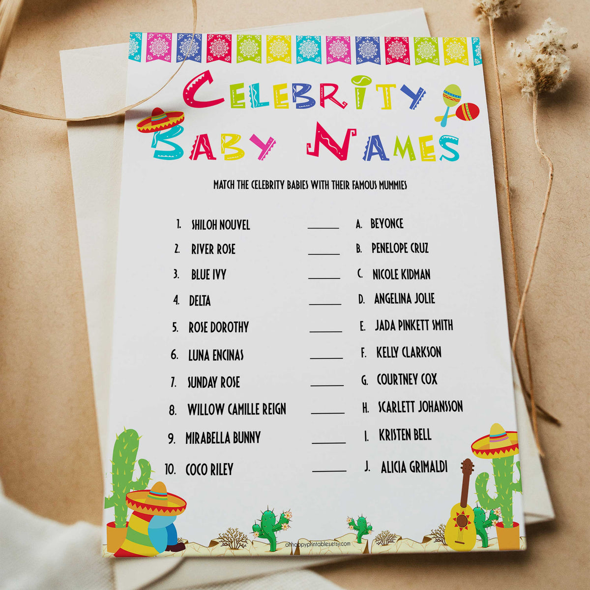 celebrity baby names game, Printable baby shower games, Mexican fiesta fun baby games, baby shower games, fun baby shower ideas, top baby shower ideas, fiesta shower baby shower, fiesta baby shower ideas