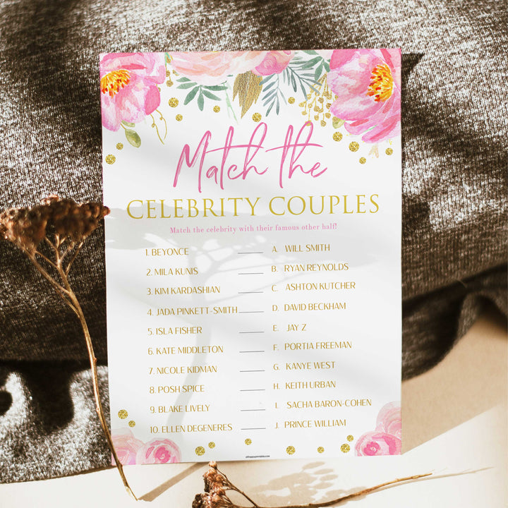 match the celebrity couples, printable bridal shower games, blush floral bridal shower games, fun bridal shower games