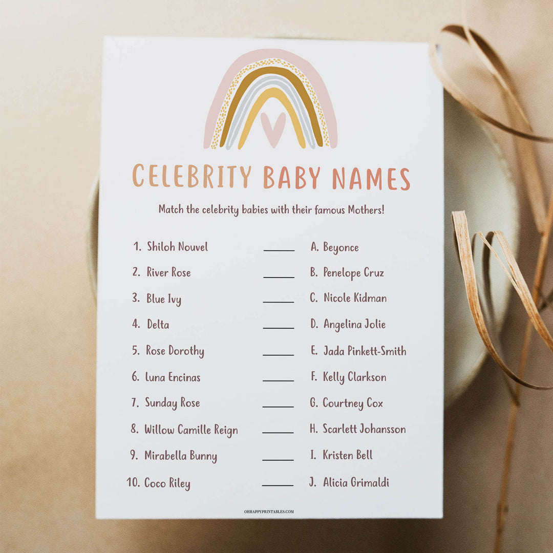 celebrity baby names game, Printable baby shower games, boho rainbow baby games, baby shower games, fun baby shower ideas, top baby shower ideas, boho rainbow baby shower, baby shower games, fun boho rainbow baby shower ideas