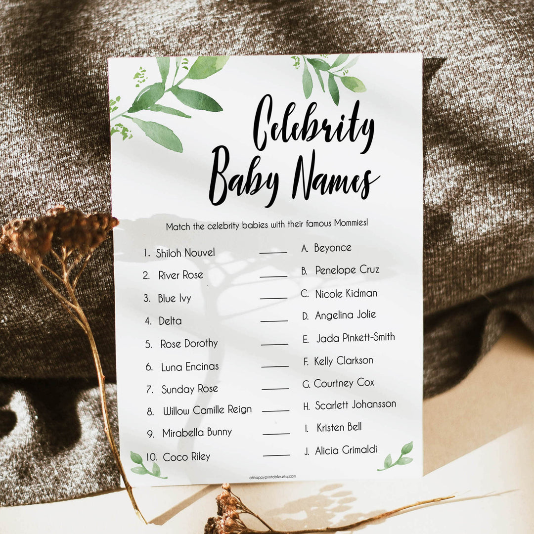 Botanical Celebrity Baby Names, Greenery Guess the Celebrity Baby, Famous Babies Game, Celebrity Babies Game, Botanical Baby Shower, top baby shower games, best baby games, baby shower games