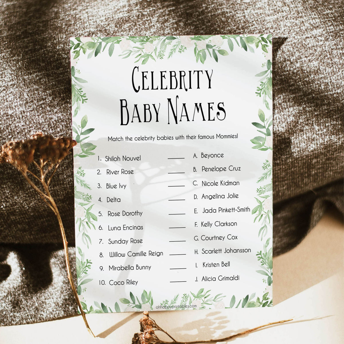 Greenery Celebrity Baby Names, Green Leaf Guess the Celebrity Baby, Famous Babies Game, Celebrity Babies Game, Botanical Baby Shower, printable baby shower games, fun baby shower games, popular baby shower games