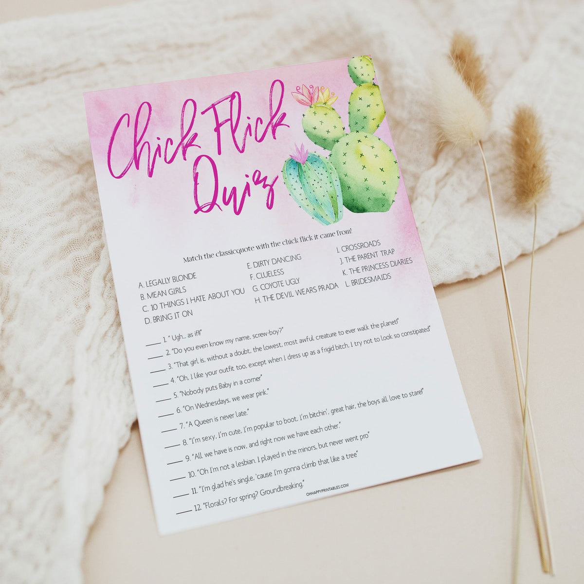 Bachelorette party game printable Chick Flick Quiz, with a pink fiesta background and watercolour cactus design