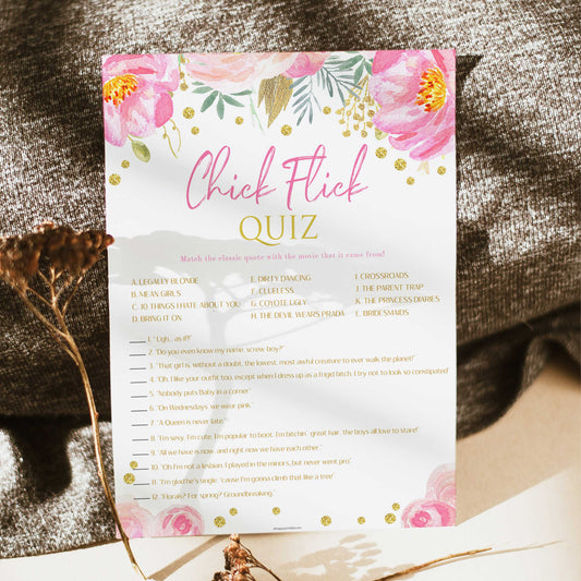 chick flick quiz, gifts and cards sign, build memories sign, printable bridal shower games, blush floral bridal shower games, fun bridal shower games
