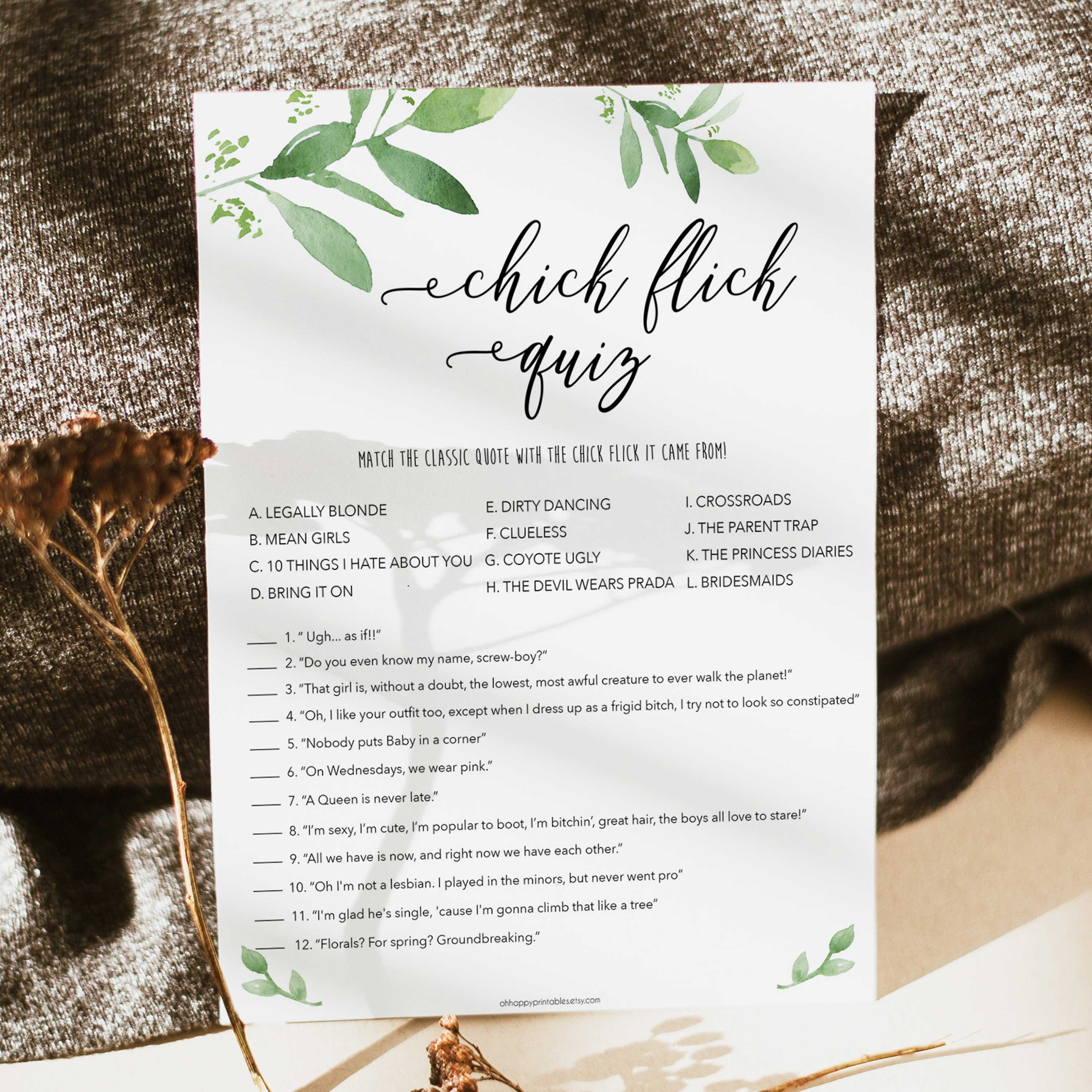 chick flic quiz game, greenery bridal shower, fun bridal shower games, bachelorette party games, floral bridal games, hen party ideas