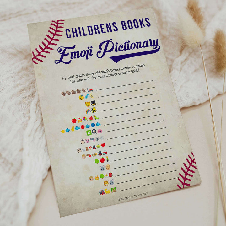 Baseball Childrens Books Emoji Pictionary, Childrens Book Emoji Game, Printble Baby Shower Games, Little Slugger Emoji Baby Shower, printable baby shower games, fun baby shower games, popular baby shower games