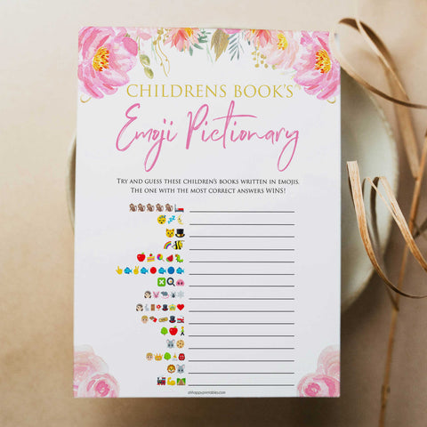 Pink blush floral childrens books emoji pictionary game, printable baby games, baby shower games, blush baby shower, floral baby games, girl baby shower ideas, pink baby shower ideas, floral baby games, popular baby games, fun baby games