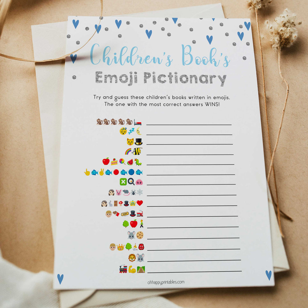 childrens books emoji pictionary game, Printable baby shower games, small blue hearts fun baby games, baby shower games, fun baby shower ideas, top baby shower ideas, silver baby shower, blue hearts baby shower ideas