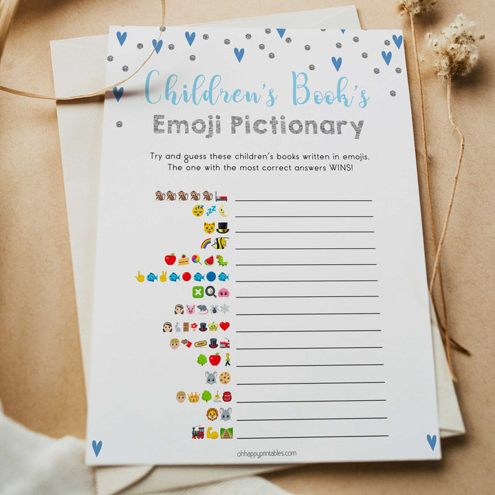 childrens books emoji pictionary game, Printable baby shower games, small blue hearts fun baby games, baby shower games, fun baby shower ideas, top baby shower ideas, silver baby shower, blue hearts baby shower ideas